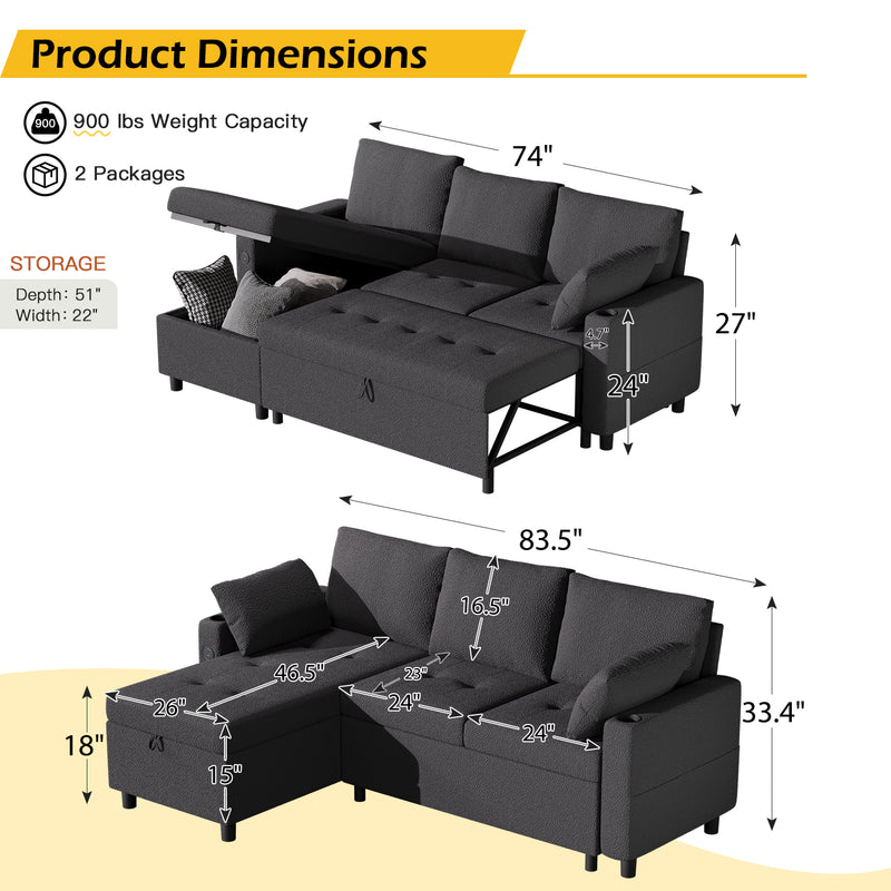 YODOLLA Teddy Velvet L Shaped Sofa, L Shape Couch, Pull Out Bed with USB and Cup Holder, Storage Sofa Cama, Queen Sofa Bed, Sleeper Sofa Couch for Living Room, Sofa Bed Couch in Black