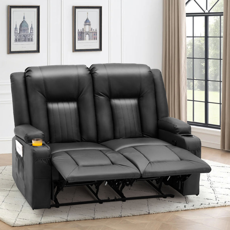 AECOJOY Manual Reclining Loveseat with Cup Holders&Side Pockets, PU Leather Double Recliner Loveseat Home Theater Seating-Black