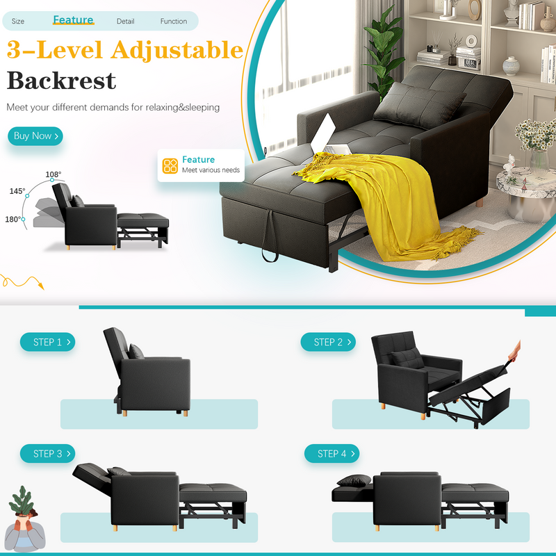 YODOLLA Sleeper Sofa Chair, 3 in 1 Sleeper Chairs for Adults, Pull Out Chair Bed Sleeper with Extra Pillow and Multi-Functional Fold Out Chair Bed for Small Space (Black leather)