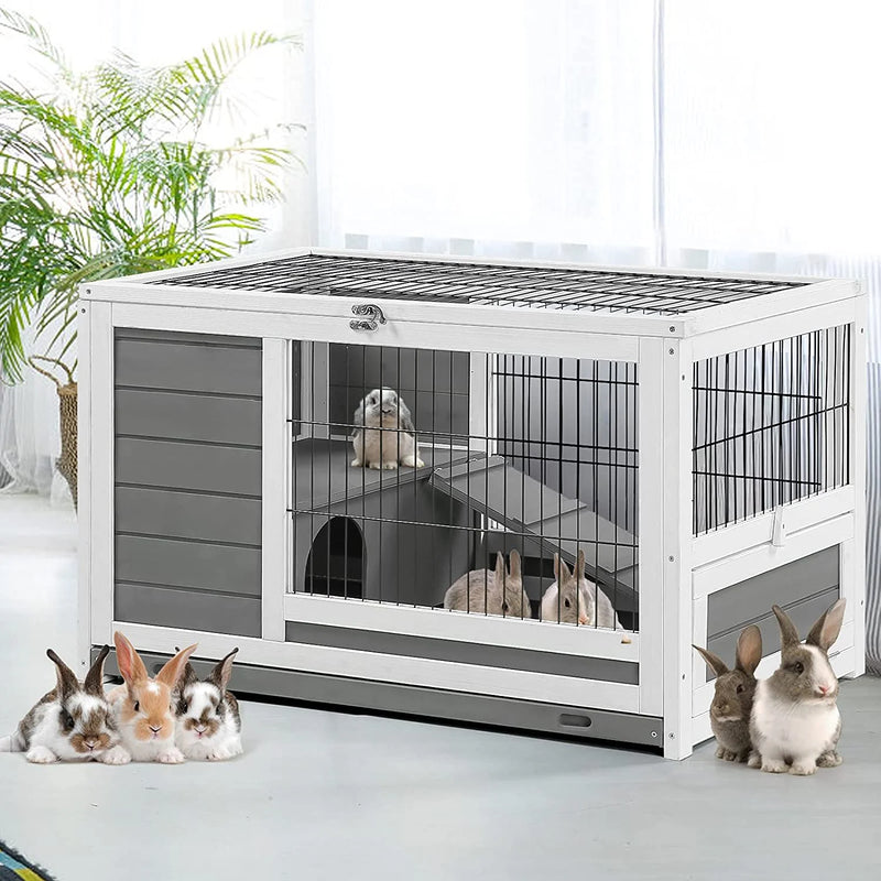 AECOJOY Rabbit Hutch with Deeper No Leak Tray & Run 35.4’’ Pet House for Small Animals Rabbit Cage Guinea Pig House Bunny Hutch Indoor & Outdoor