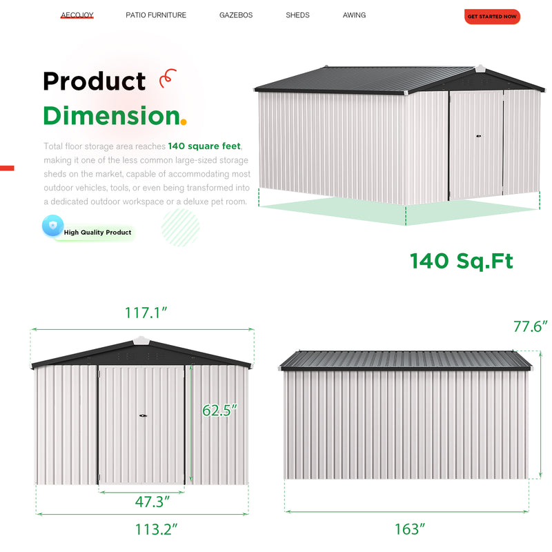 AECOJOY 10' x 14' Outdoor Storage Shed with Lockable Door Patio Metal Garden Storage Building in White for Outside