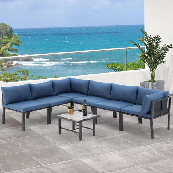 AECOJOY 7-Piece Metal Mesh Outdoor Furniture Set with Cushions and Waterproof Cover, Wooden Table, Ideal for Garden, Backyard, Balcony, & Lawn (Blue)