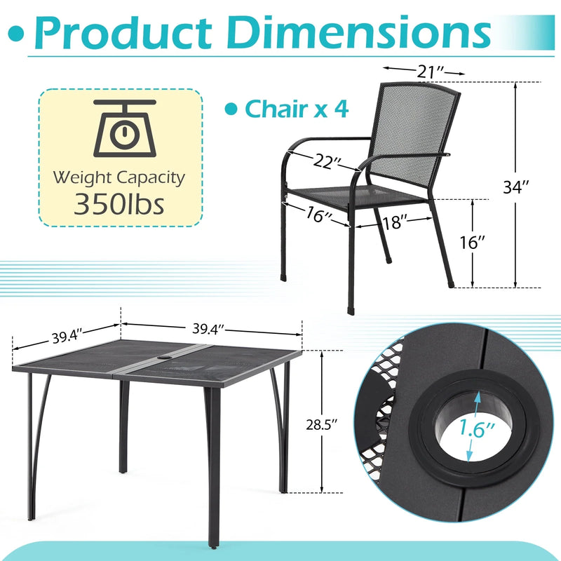 YODOLLA 5-Piece Outdoor Patio Dining Set with 4 Stackable Patio Dining Chairs and Square Patio Metal Table for Yard Garden Backyard Poolside, Dark Gray