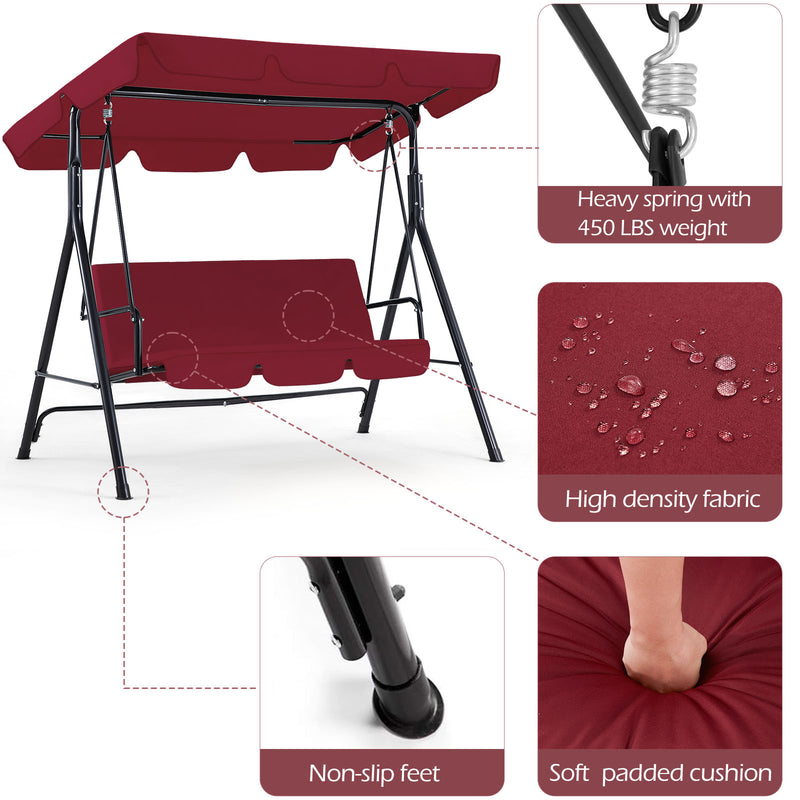 YODOLLA 3-Seat Outdoor Steel Porch Swing with Canopy, Swing Glider-Red, Free Standing Porch Swing