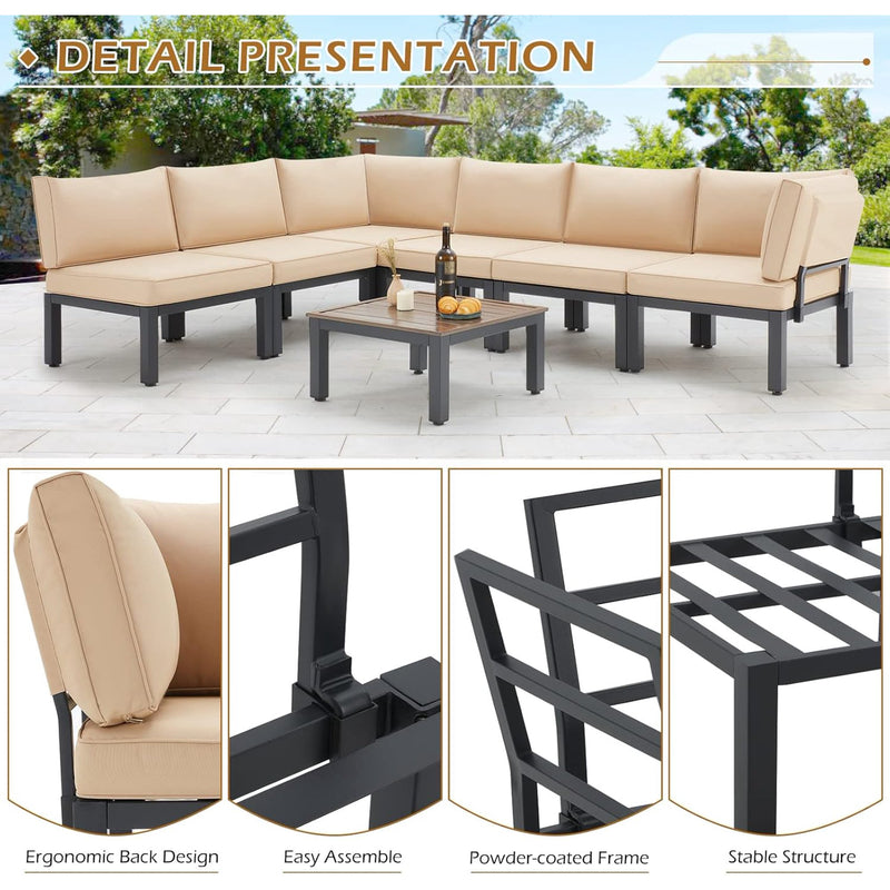 AECOJOY 7 Pieces Metal Outdoor Sectional Sofa with Waterproof Cover,Patio Furniture Sets on Sales Patio Conversation Set with Coffee Table Clearance,Beige