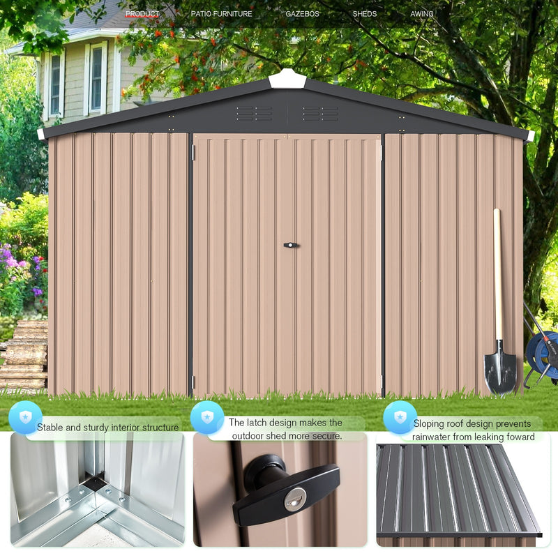 AECOJOY 10' x 14' Outdoor Storage Shed with Lockable Door Patio Metal Garden Storage Building in Brown for Outside