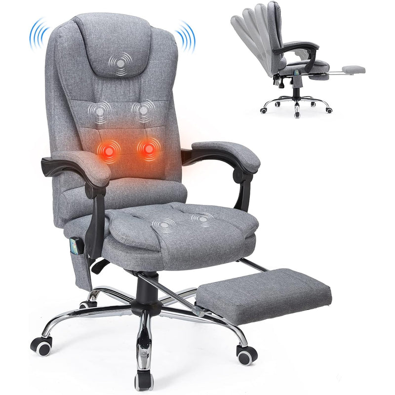 AECOJOY Ergonomic Office Chair with Heat &7 Points Massage High Back Desk Chair w/Retractable Footrest, Executive Swivel Fabric Reclining Chair for Office, Home, Study, Grey