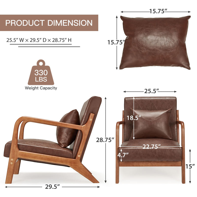YODOLLA Faux Leather Modern Accent Chairs for Living Room, Mid Century Modern Living Room Bedroom Reading Comfy Lounge Chairs, Small Side Armchair for Bedrooms in Brown