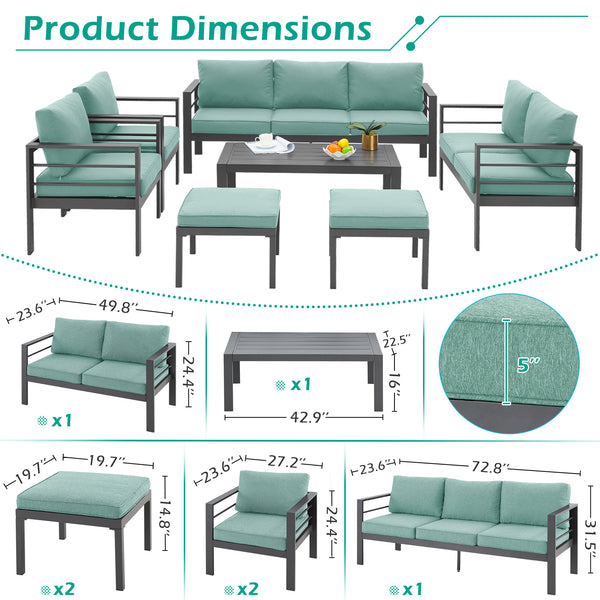 AECOJOY Aluminum Patio Furniture Set with Cover, Modern Outdoor Patio Furniture with Coffee Table, 7 Pieces Outdoor Conversation Set with Green Cushions for Balcony with Cover, Porch, Lawn and More