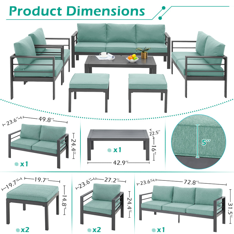 AECOJOY Aluminum Patio Furniture Set with Cover, Modern Outdoor Patio Furniture with Coffee Table, 7 Pieces Outdoor Conversation Set with Green Cushions for Balcony with Cover, Porch, Lawn and More