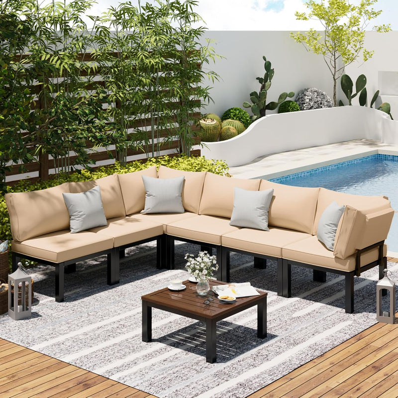 AECOJOY 7 Pieces Metal Outdoor Sectional Sofa with Waterproof Cover,Patio Furniture Sets on Sales Patio Conversation Set with Coffee Table Clearance,Beige