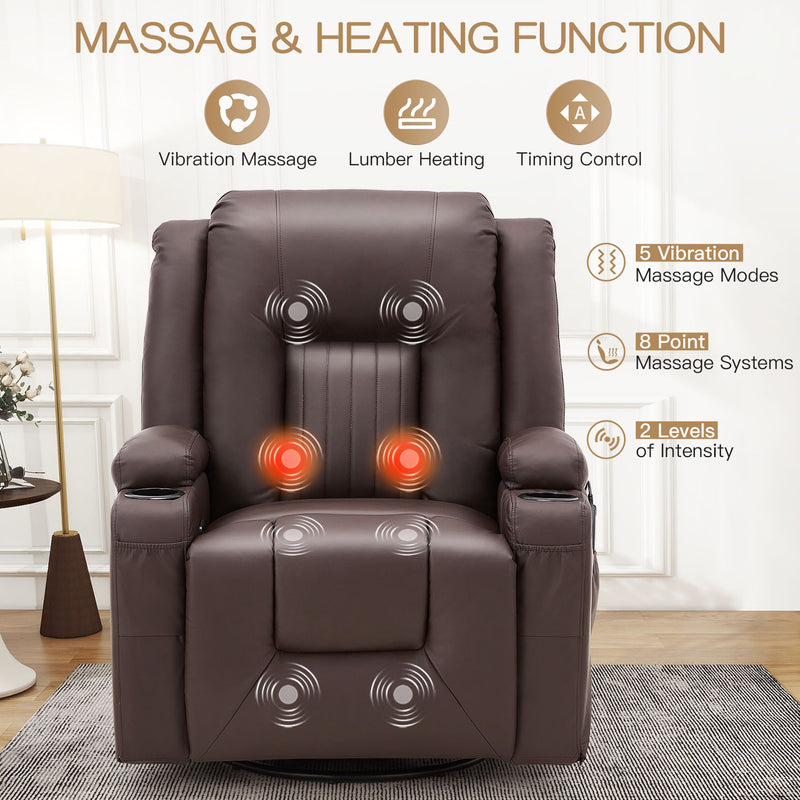 AECOJOY Massage Manual Recliner Chair with Heat and Vibration Massage, PU Leather Swivel Rocker Recliner Chair for Adults with 2 Cup Holders, Remote Control-Brown