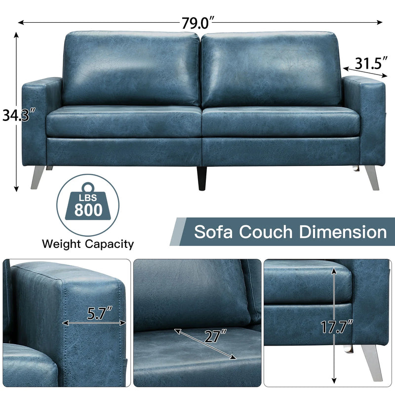 AECOJOY 79" Faux Leather Sofa 3 Seater Couch Loveseat Living Room Furniture in Blue