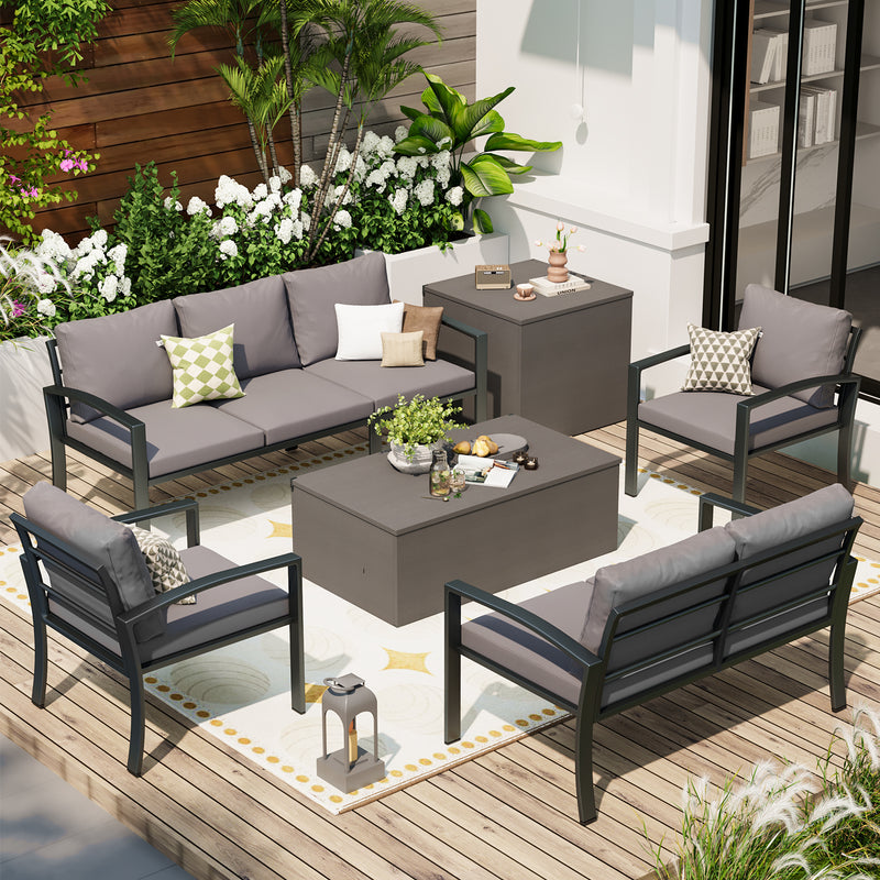AECOJOY Metal Patio Furniture Set with Cover Outdoor Furniture sets With Storage Boxes on Sale with Grey Cushion for Balcony Porch, Lawn and More