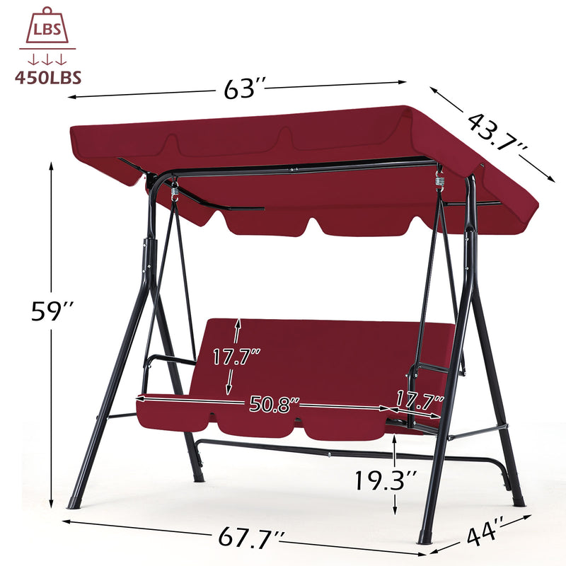 YODOLLA 3-Seat Outdoor Steel Porch Swing with Canopy, Swing Glider-Red, Free Standing Porch Swing