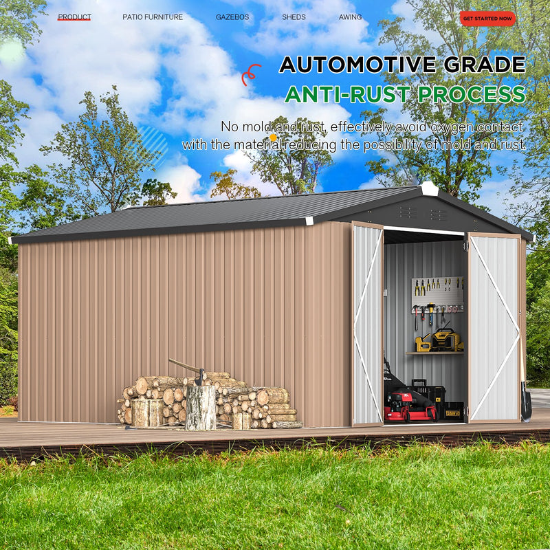 AECOJOY 10' x 14' Outdoor Storage Shed with Lockable Door Patio Metal Garden Storage Building in Brown for Outside