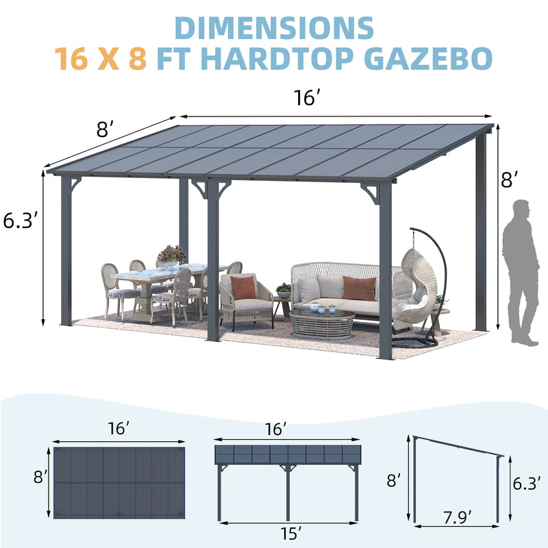 AECOJOY 8' x 16' Hardtop Gazebo Outdoor Aluminum Pergola For Garden, Patio, Backyard-Black