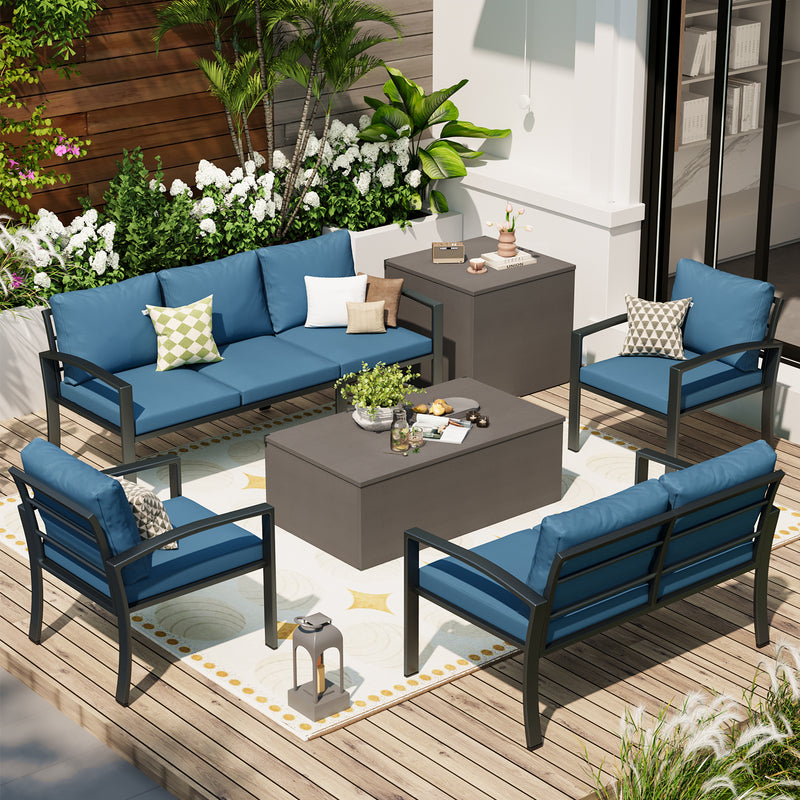 AECOJOY Metal Patio Furniture Set with Cover Outdoor Furniture sets With Storage Boxes on Sale with Blue Cushion for Balcony Porch, Lawn and More