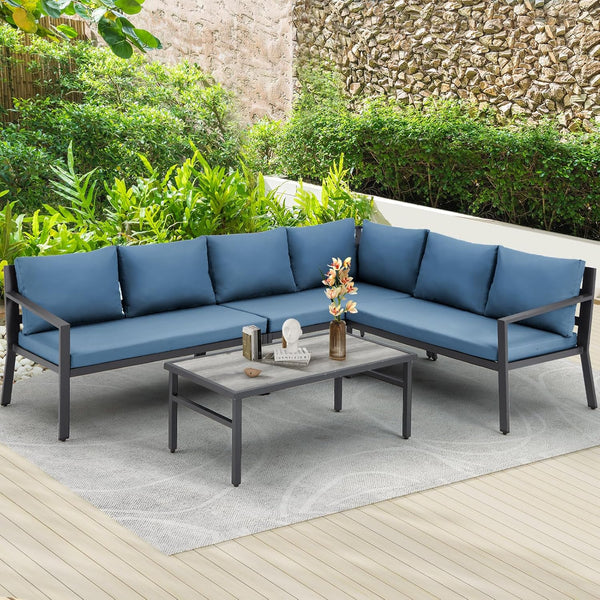 AECOJOY 7 Pieces Aluminum Patio Furniture Set with Waterproof Cover on sale Patio Conversation set For Outdoor with Navy Cushions