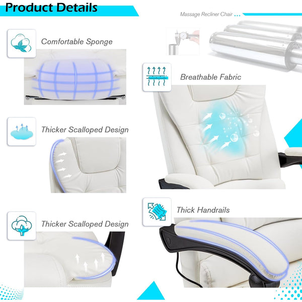 AECOJOY 7 Points Massage Office Chair with Heat Ergonomic Reclining Computer Chair High Back Desk Chair w/Retractable Footrest Ergonomic Leather Office Chair，Cream White