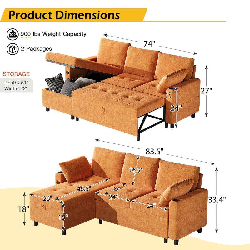YODOLLA Sofa Bed, 3 in 1 Sleeper Sofa with Storage Chair, Faux Leather L Shape Couch, Sectional Pull Out Sofa Bed Mid Century Modern Couch for Living Room Clearance, Comfy Sleeper Couch in Orange