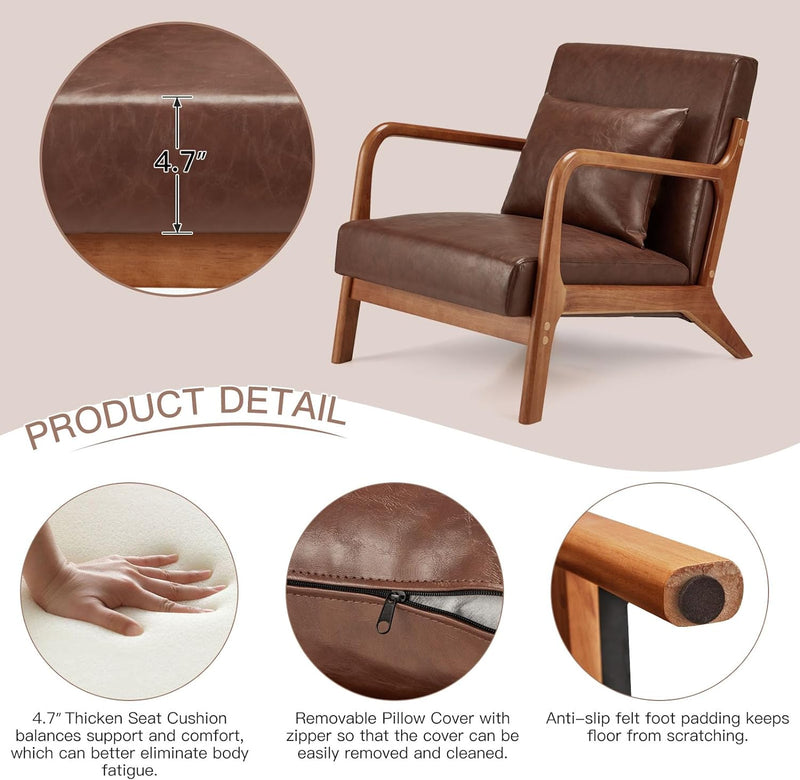 Aecojoy Accent Chair for Living Room Mid Century Modern Faux Leather Arm Chair Set of 2 in Brown for Bedroom