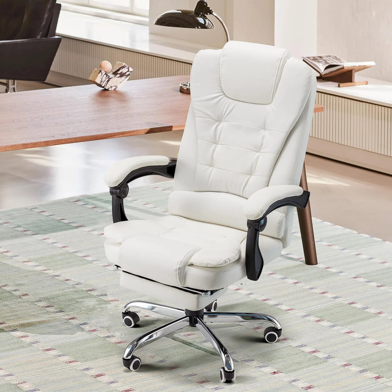 YODOLLA 7 Points Massage Office Chair with Heat Ergonomic Reclining Computer Chair High Back Desk Chair w/Retractable Footrest Ergonomic Leather Office Chair，Cream White