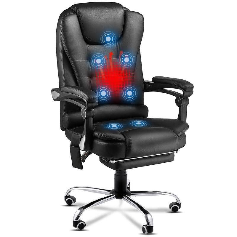 Ergonomic Office Chair with Heated 7 Points Massage Retractable Footrest, High Back Swivel Leather Chair Big and Tall Heated Reclining Office Chair, Black