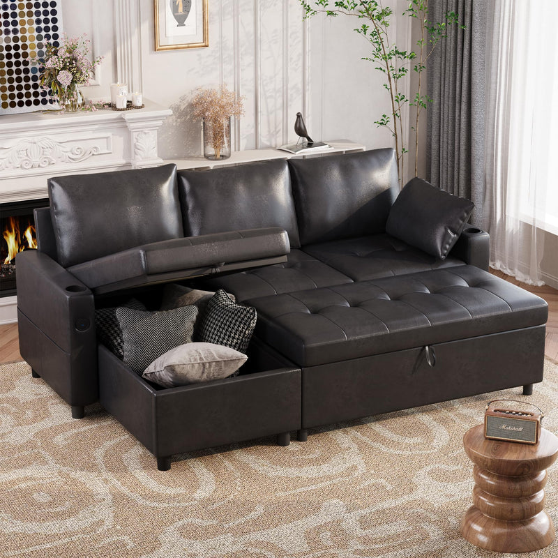 AECOJOY Sofa Bed, 3 in 1 Sleeper Sofa with Storage Chair, Faux Leather L Shape Couch, Sectional Pull Out Sofa Bed Mid Century Modern Couch for Living Room Clearance, Comfy Sleeper Couch in Black