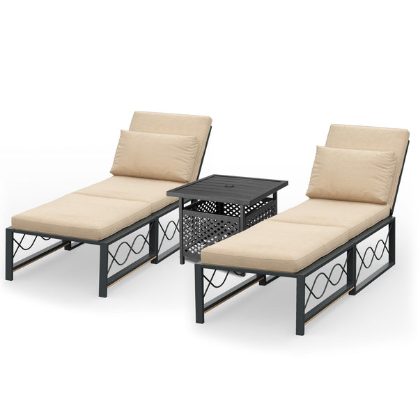 AECOJOY Patio Lounge Chair Set of 3 With Side Table,Outdoor Patio Chaise Lounge Chair Adjustable Folding Pool Lounger w/ Beige Cushion
