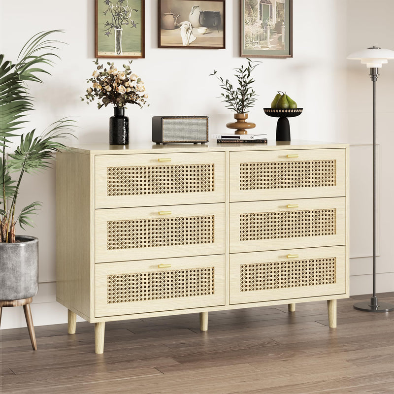 YODOLLA Wood Dresser, 6 Drawer Double Natural Rattan Dresser, Moisture-Resistant Wide Storage Dresser with Chest of Drawers, Ideal for Bedroom, Living Room, and Hallway