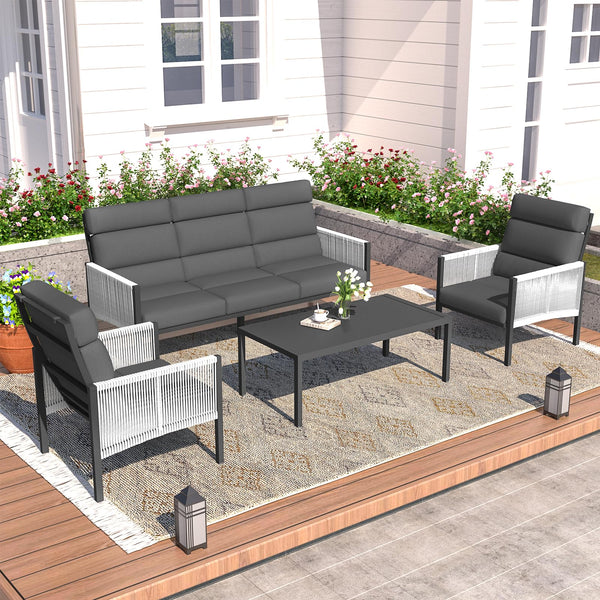 YODOLLA 4 Pieces Aluminum Outdoor Conversation Sets with Cushions, Dark Gray