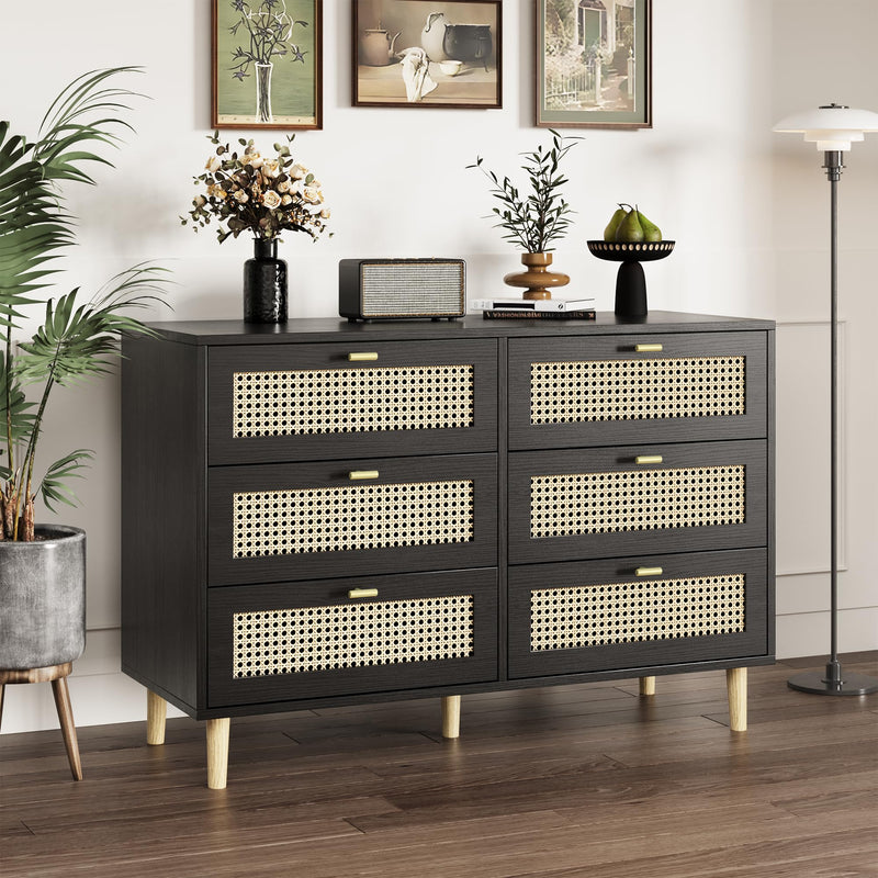 YODOLLA Wood Dresser, 6 Drawer Double Rattan Dresser, Moisture-Resistant Wide Storage Dresser with Chest of Drawers, Ideal for Bedroom, Living Room, and Hallway, Black