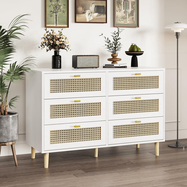YODOLLA Wood Dresser, 6 Drawer Double Rattan Dresser, Moisture-Resistant Wide Storage Dresser with Chest of Drawers, Ideal for Bedroom, Living Room, and Hallway, White