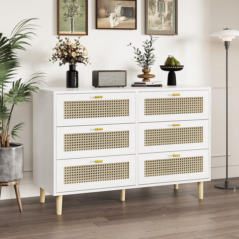YODOLLA Wood Dresser, 6 Drawer Double Rattan Dresser, Moisture-Resistant Wide Storage Dresser with Chest of Drawers, Ideal for Bedroom, Living Room, and Hallway, White