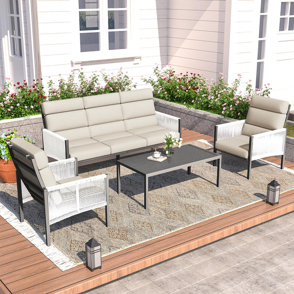 YODOLLA 4 Pieces Aluminum Outdoor Conversation Sets with Cushions, Beige