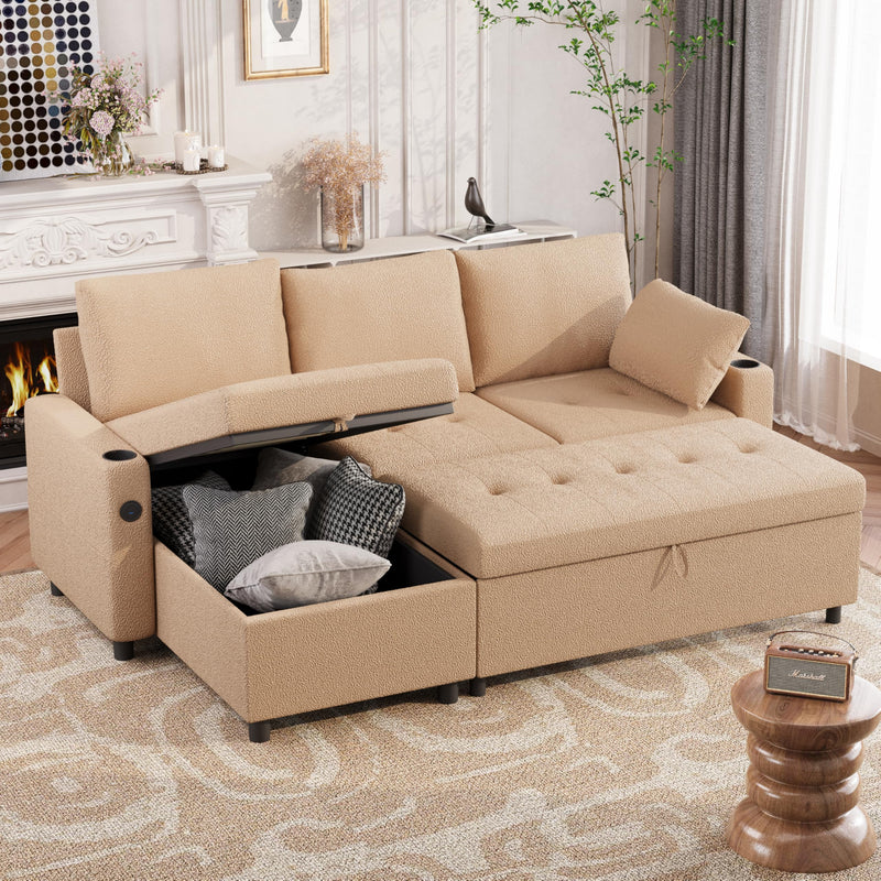 AECOJOY Teddy Velvet L Shaped Sofa, L Shape Couch, Pull Out Bed with USB and Cup Holder, Storage Sofa Cama, Queen Sofa Bed, Sleeper Sofa Couch for Living Room, Sofa Bed Couch in Beige