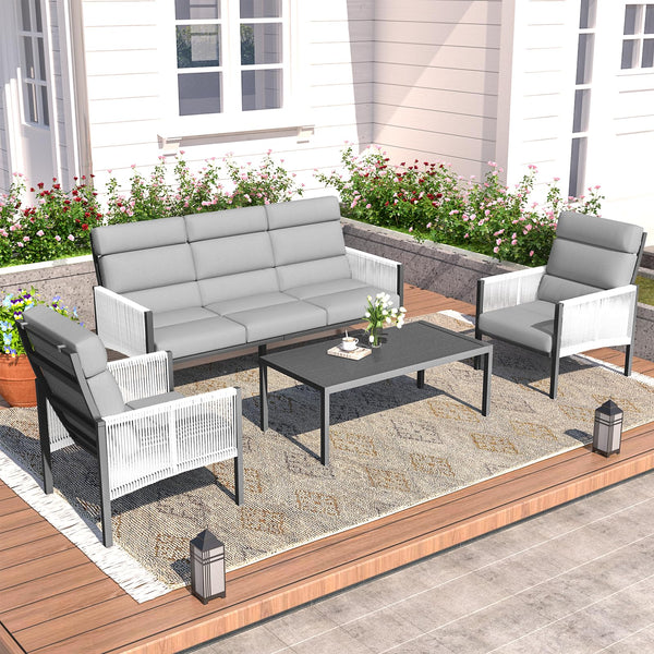 YODOLLA 4 Pieces Aluminum Outdoor Conversation Sets with Cushions, Light Gray