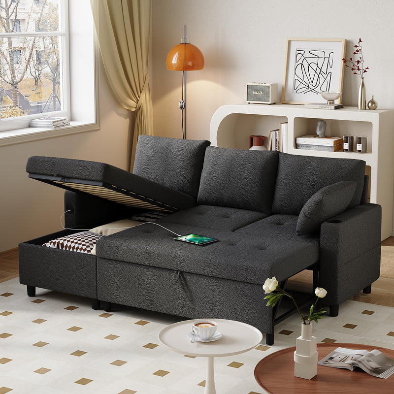 AECOJOY Teddy Velvet L Shaped Sofa, L Shape Couch, Pull Out Bed with USB and Cup Holder, Storage Sofa Cama, Queen Sofa Bed, Sleeper Sofa Couch for Living Room, Sofa Bed Couch in Black