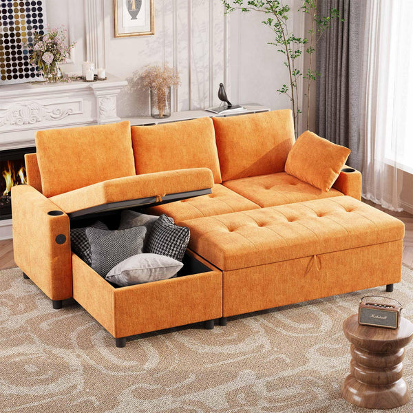 AECOJOY Sofa Bed, 3 in 1 Sleeper Sofa with Storage Chair, Faux Leather L Shape Couch, Sectional Pull Out Sofa Bed Mid Century Modern Couch for Living Room Clearance, Comfy Sleeper Couch in Orange