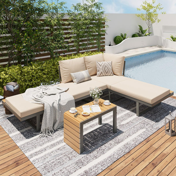 AECOJOY Outdoor Patio Furniture Sets,Metal Convertible Daybed With Coffee Table,5 Pieces Outdoor Sectional Conversation Sofa Couch,Beige