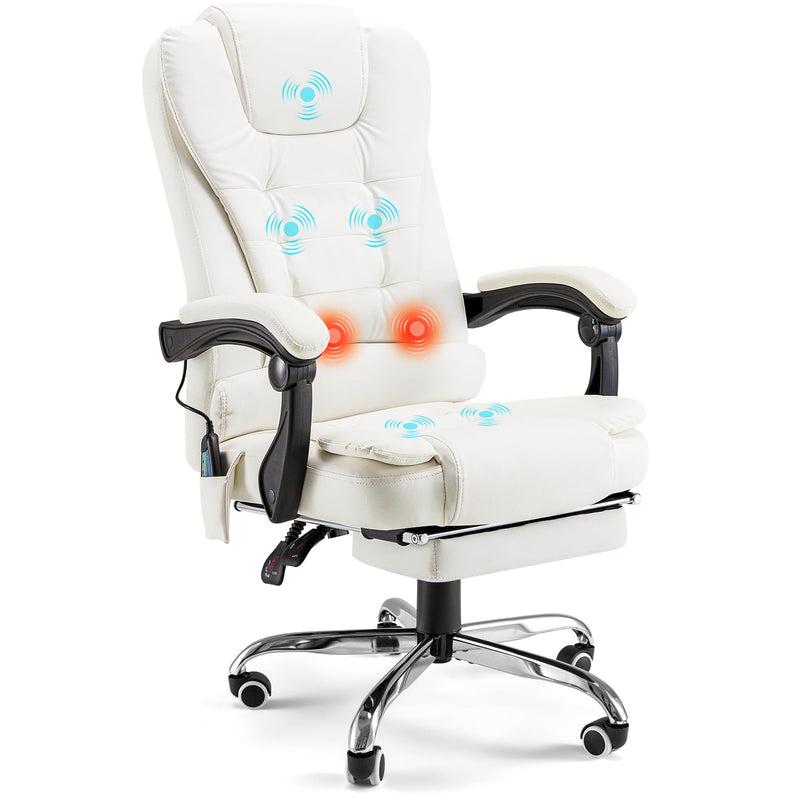 AECOJOY 7 Points Massage Office Chair with Heat Ergonomic Reclining Computer Chair High Back Desk Chair w/Retractable Footrest Ergonomic Leather Office Chair，Cream White