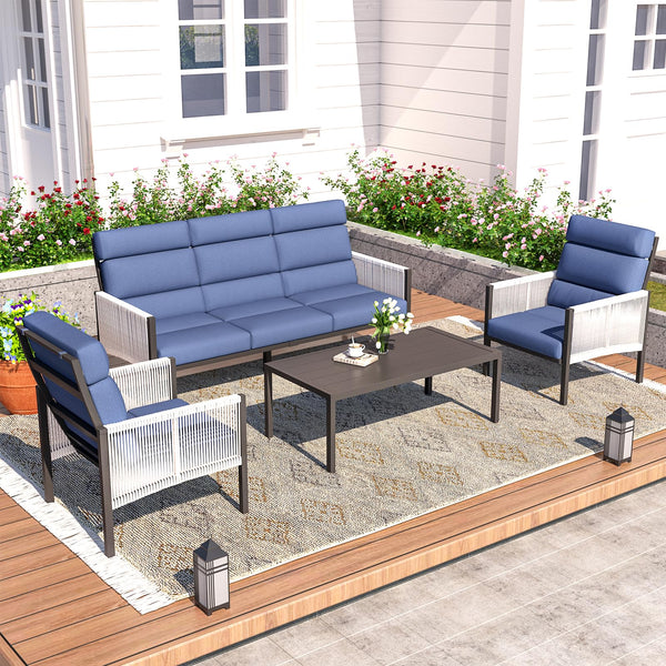 YODOLLA 4 Pieces Aluminum Outdoor Conversation Sets with Cushions, Dark Blue