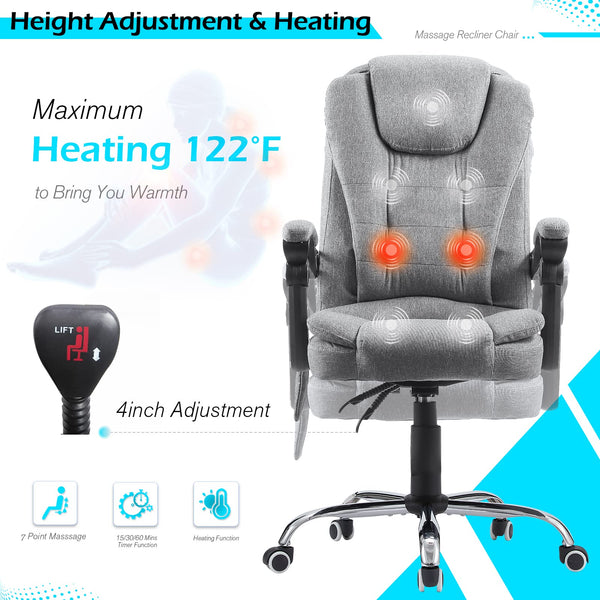 AECOJOY Office Chair with 7 Points Massage&Heat Function,Comfy Executive Office Chair High Back Office Chair Reclining Swivel Home Office Chair Leather Computer Chair, Grey