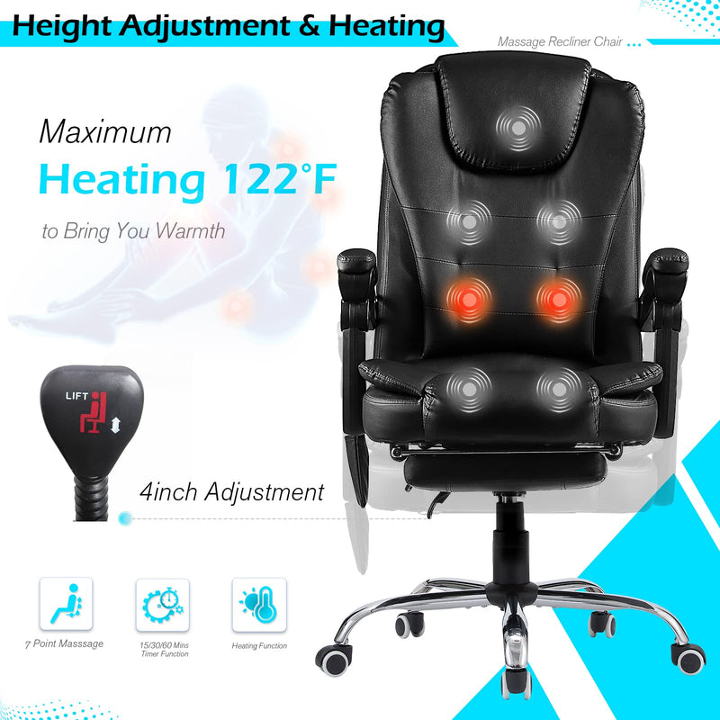 AECOJOY Ergonomic Reclining Office Chair, Heat & Massage High Back Desk Chair w/Retractable Footrest, Executive Swivel Leather Chair for Office, Home, Study, Black
