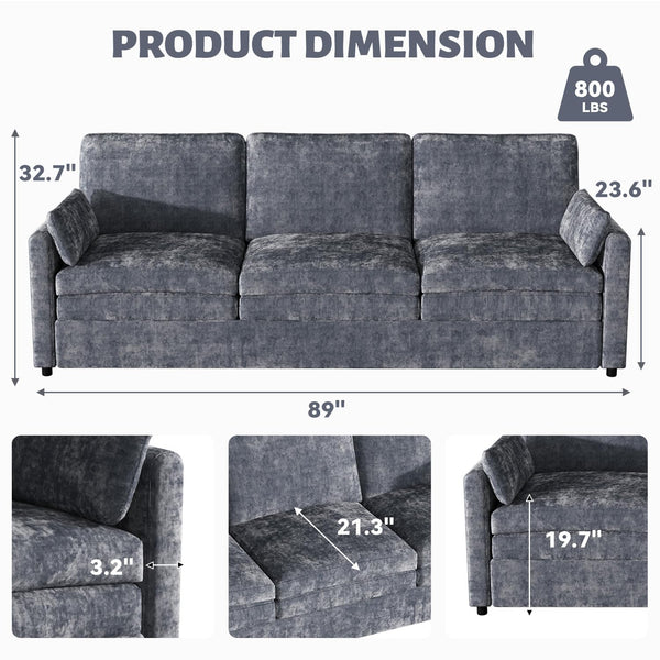 YODOLLA 89" Sofa Couch for Living Room 3 Seats Chenille Futon Sofa with 2 Removable Pillows, Black (No ratings yet)