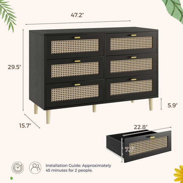 YODOLLA Wood Dresser, 6 Drawer Double Rattan Dresser, Moisture-Resistant Wide Storage Dresser with Chest of Drawers, Ideal for Bedroom, Living Room, and Hallway, Black