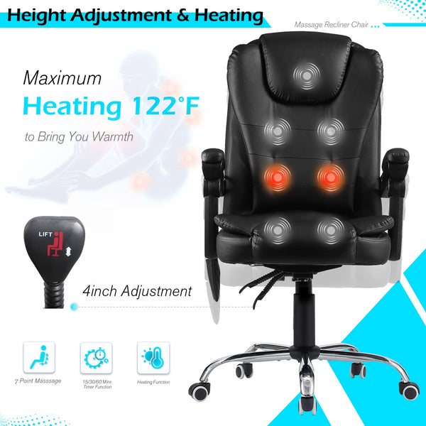 AECOJOY Office Chair with 7 Points Massage&Heat Function,Comfy Executive Office Chair High Back Office Chair Reclining Swivel Home Office Chair Leather Computer Chair, Black
