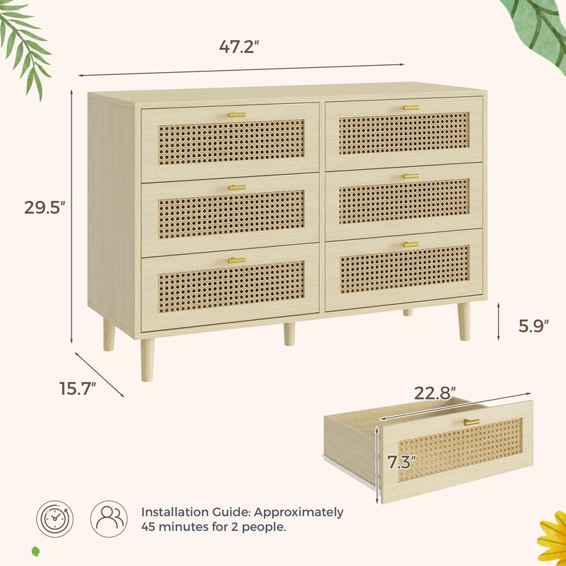 YODOLLA Wood Dresser, 6 Drawer Double Natural Rattan Dresser, Moisture-Resistant Wide Storage Dresser with Chest of Drawers, Ideal for Bedroom, Living Room, and Hallway
