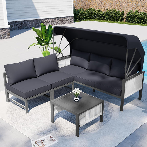 YODOLLA Aluminum Patio Furniture Sets, 4 Pieces Outdoor Sectionl Sofa with Retractable Canopy, Patio Conversation Set with Dark Gray Cushions for Outdoor
